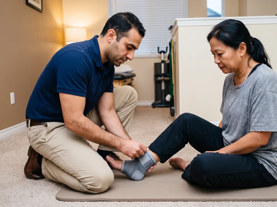 Physical therapist fitting an ankle brace on a patient