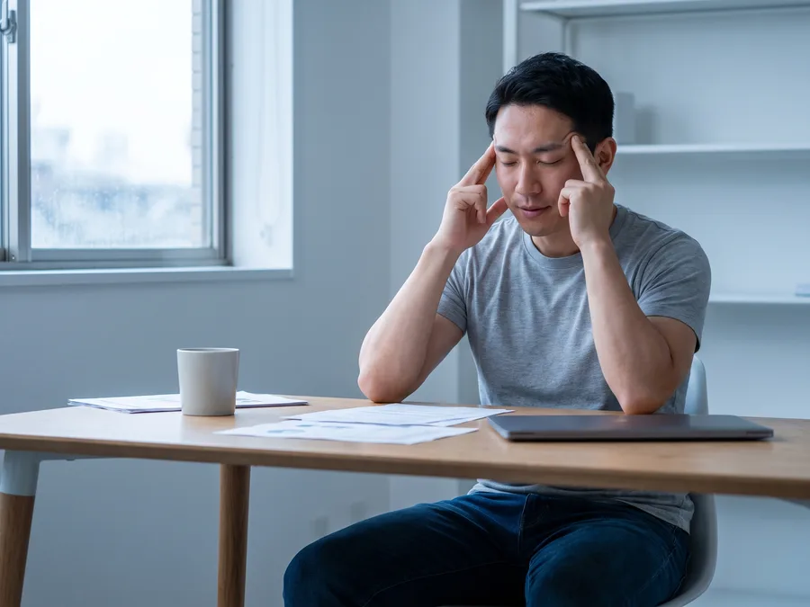 Man at a desk holding his temples in head and neck pain