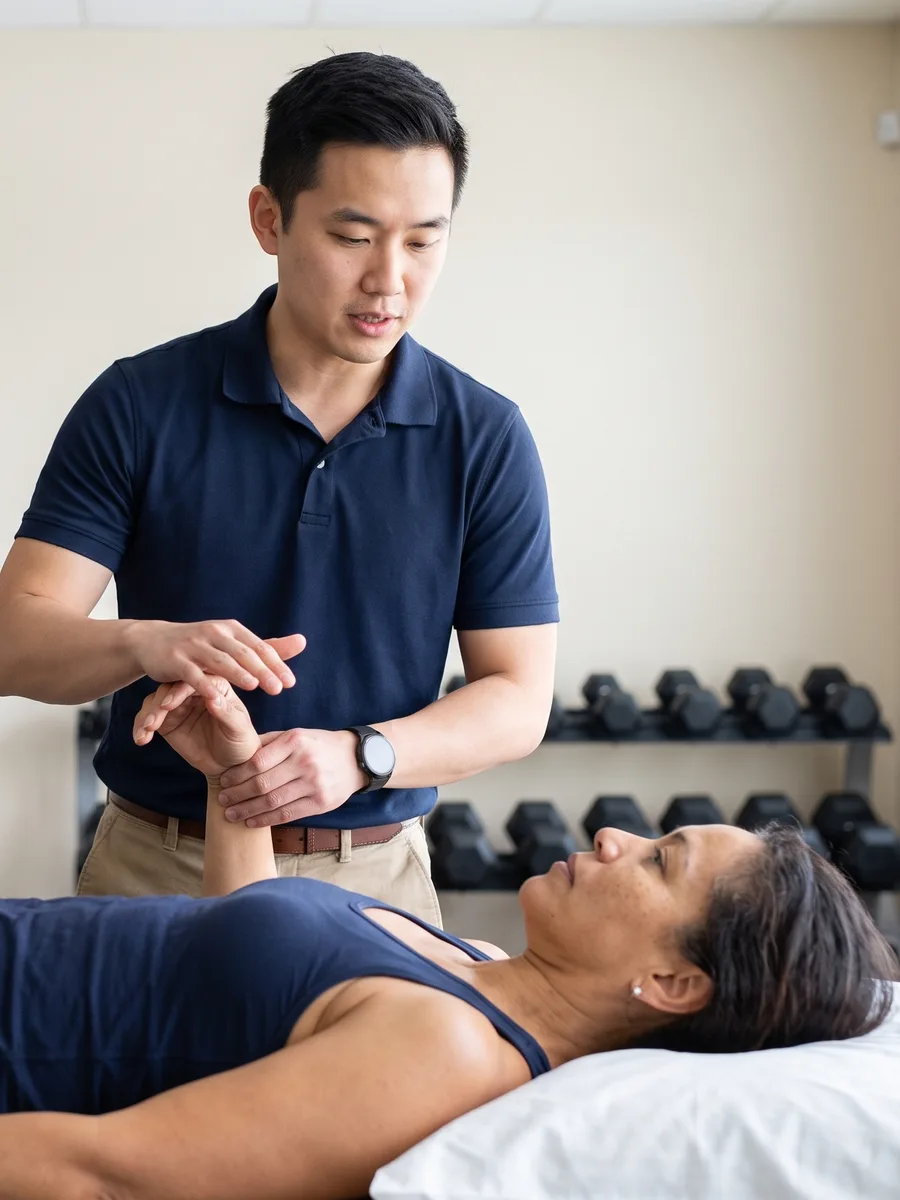 A physical therapist listening to a patient describe their pain