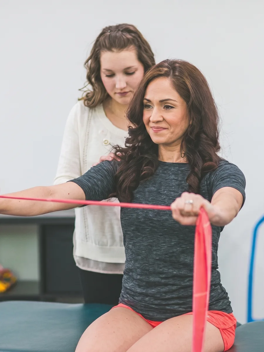 A physical therapist guiding a patient through a resistance band strengthening exercise