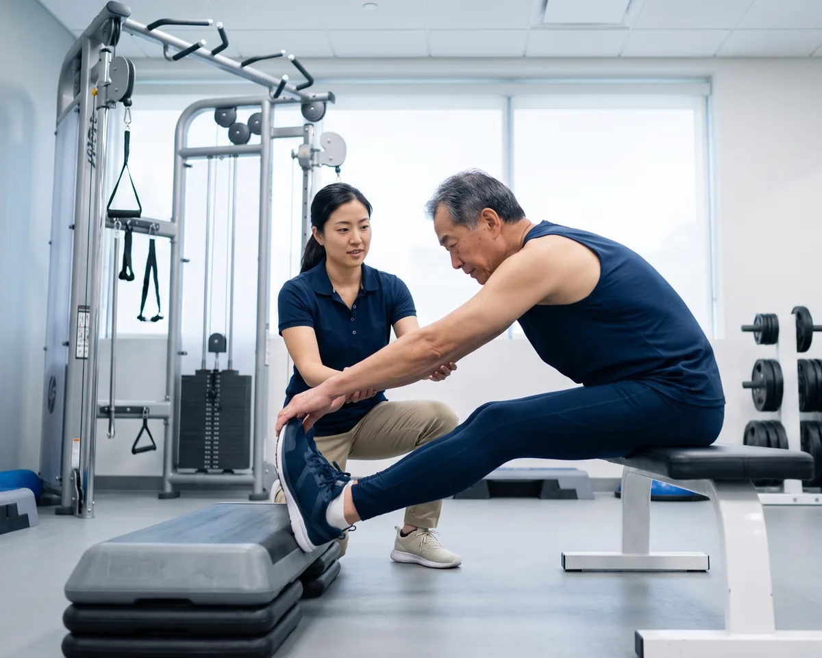 Physical therapist assisting a patient with a guided hamstring stretch